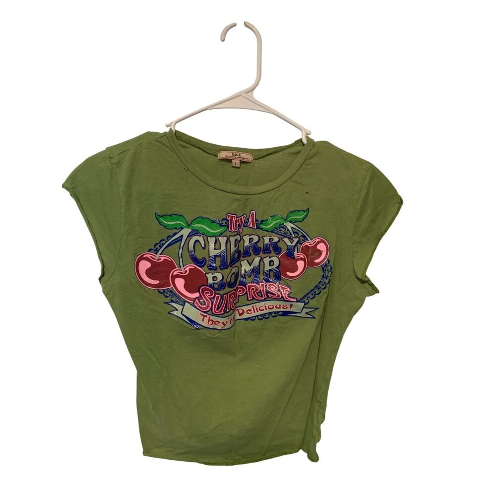LEI Womens Size Large Short Cap Sleeve Green Tee Tshirt Grunge Distressed Pin Ho